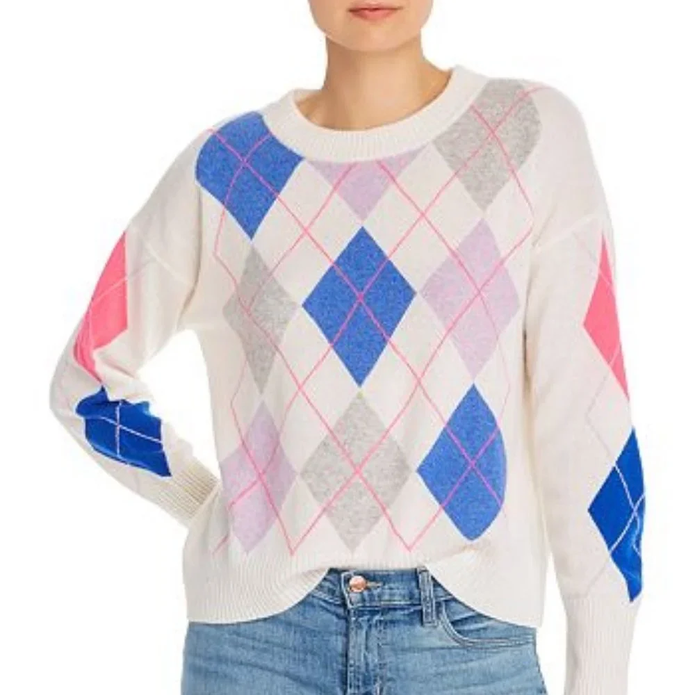 NEW Women's Aqua Argyle Cashmere Crewneck Sweater L NWT 1589 - Picture 1 of 1